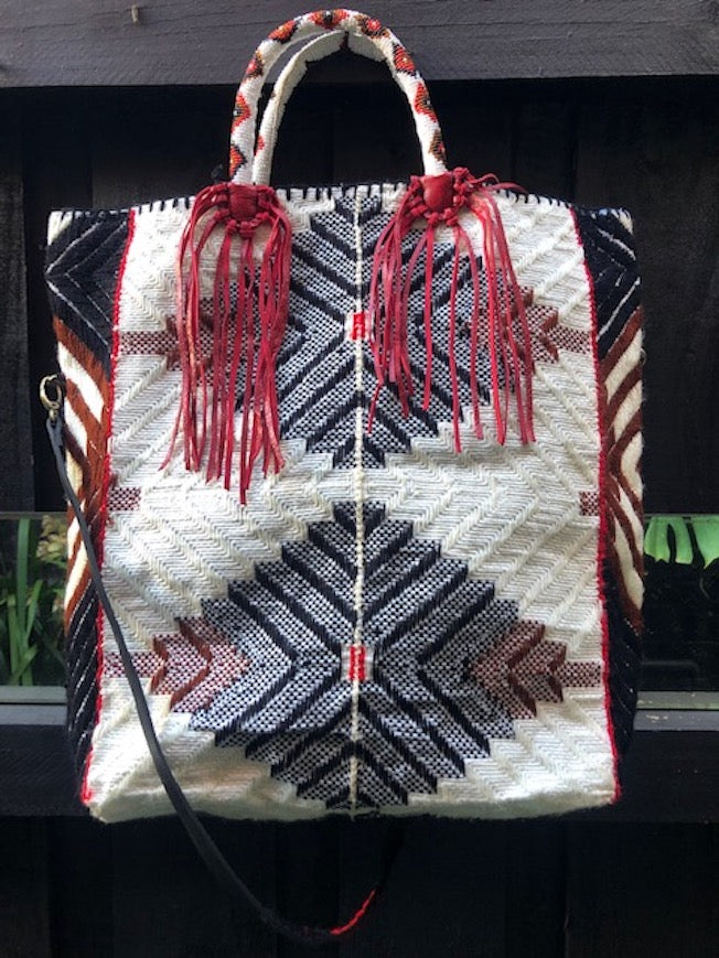 EN SHALLA HAND-EMBROIDERED, RECYCLED TOTE - RED WITH TASSELS