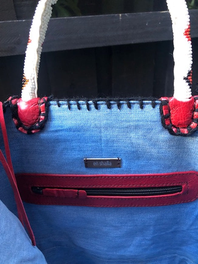 EN SHALLA HAND-EMBROIDERED, RECYCLED TOTE - RED WITH TASSELS