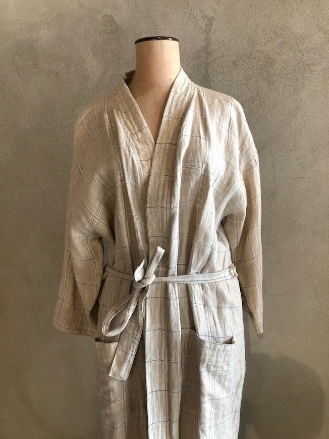 LINEN KIMONO_STONE CHECK