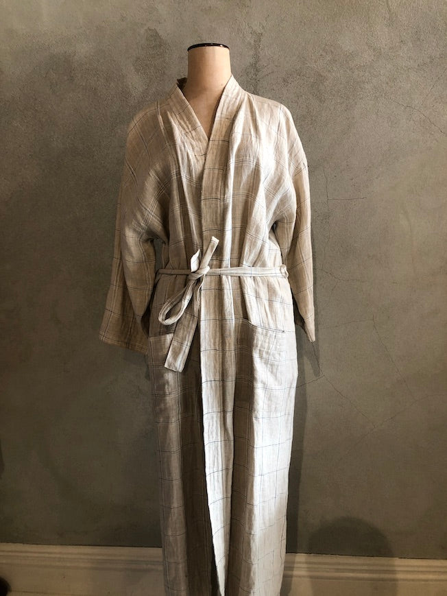 LINEN KIMONO_STONE CHECK