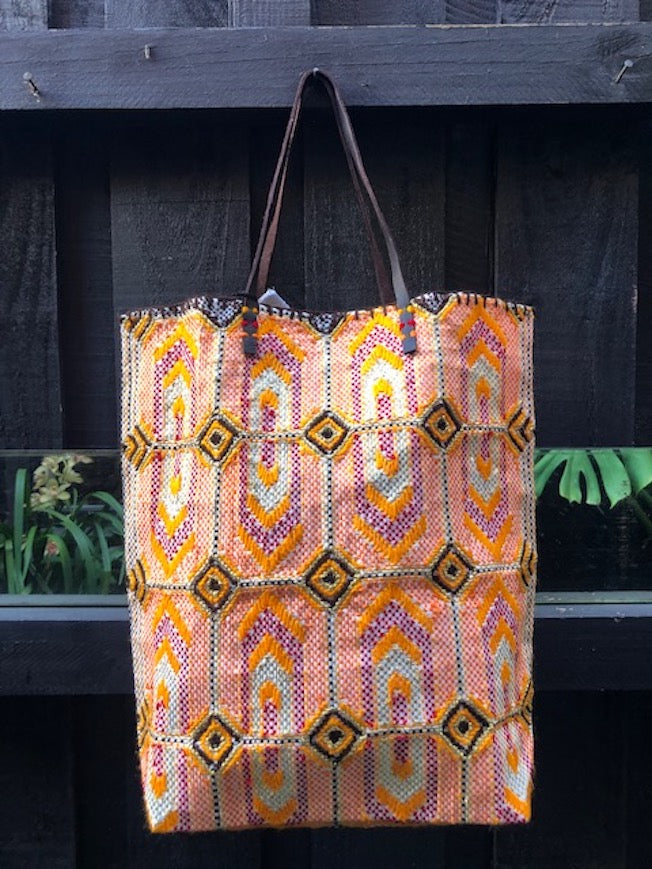 EN SHALLA HAND-EMBROIDERED, RECYCLED TOTE - ORANGE & BROWN